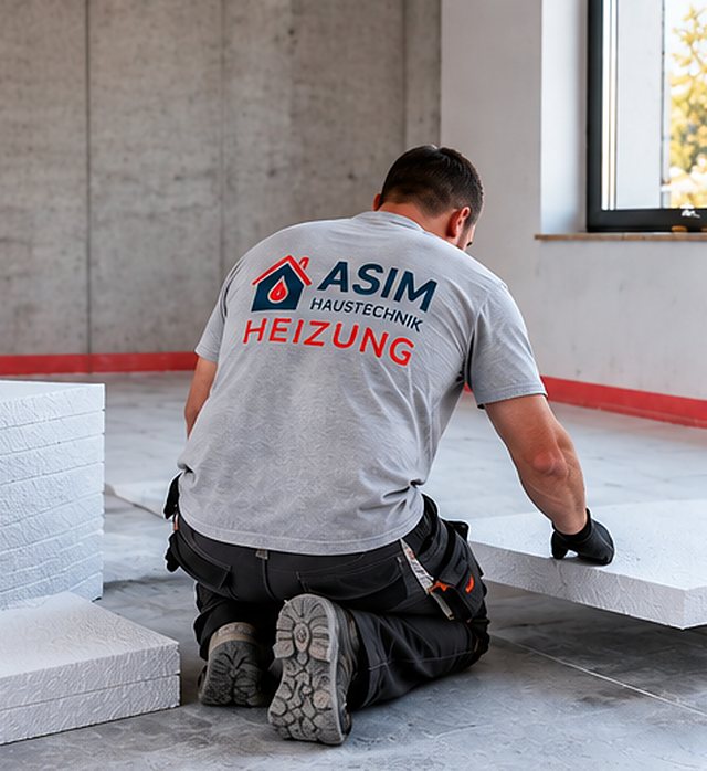 Mitarbeiter der ASIM Haustechnik GmbH verlegt Dämmplatten